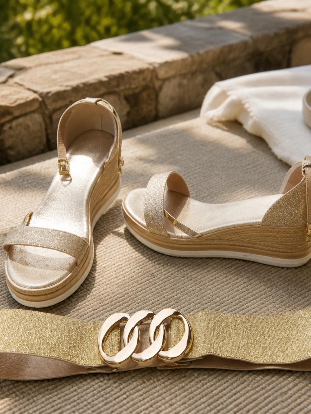 New Gold Bohemian Platform Wedge Sandals Size 8 & Gold expandable Belt Size S/M